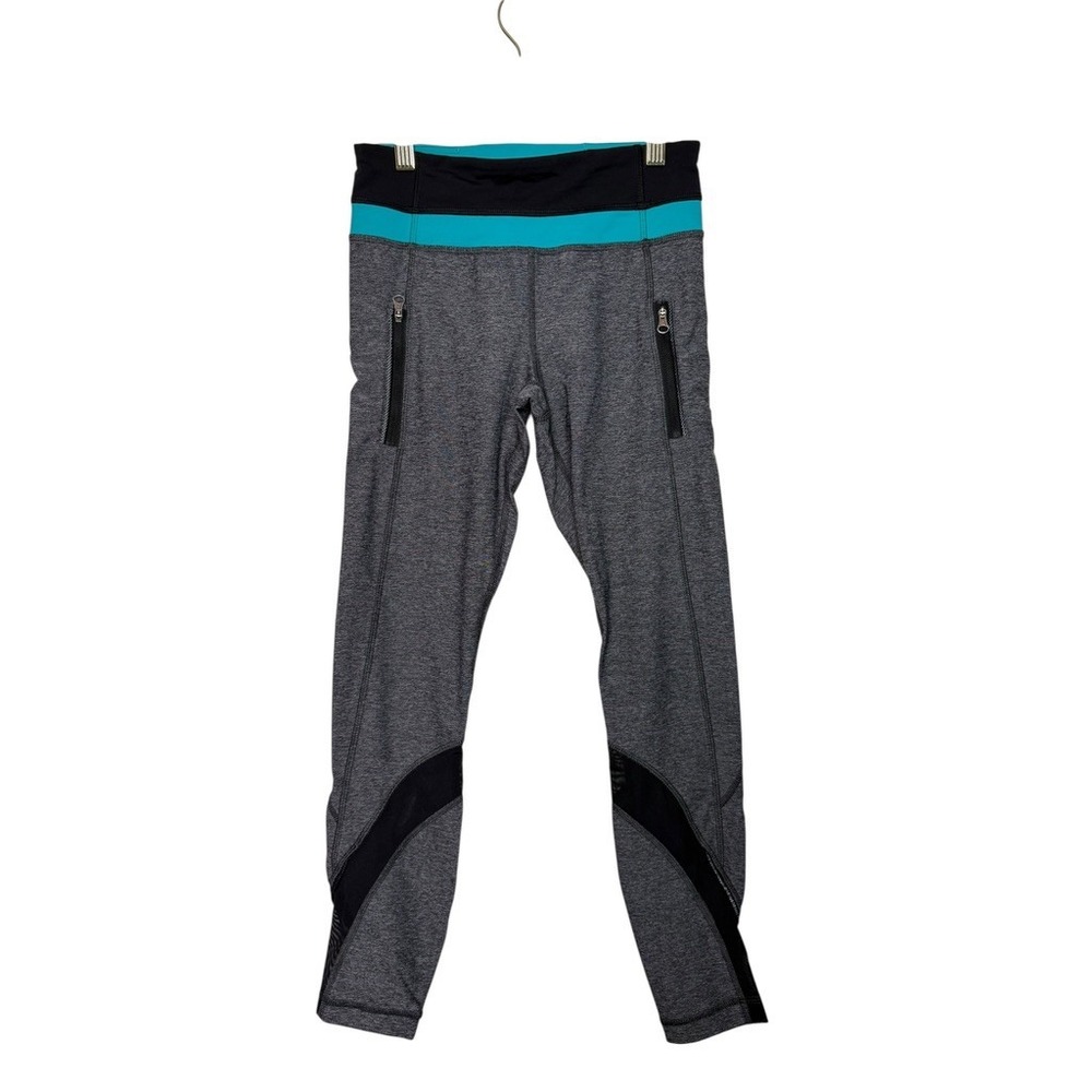 Lululemon Run Inspire Crop II Leggings Grey Teal Black Size 4 Zipper Pockets